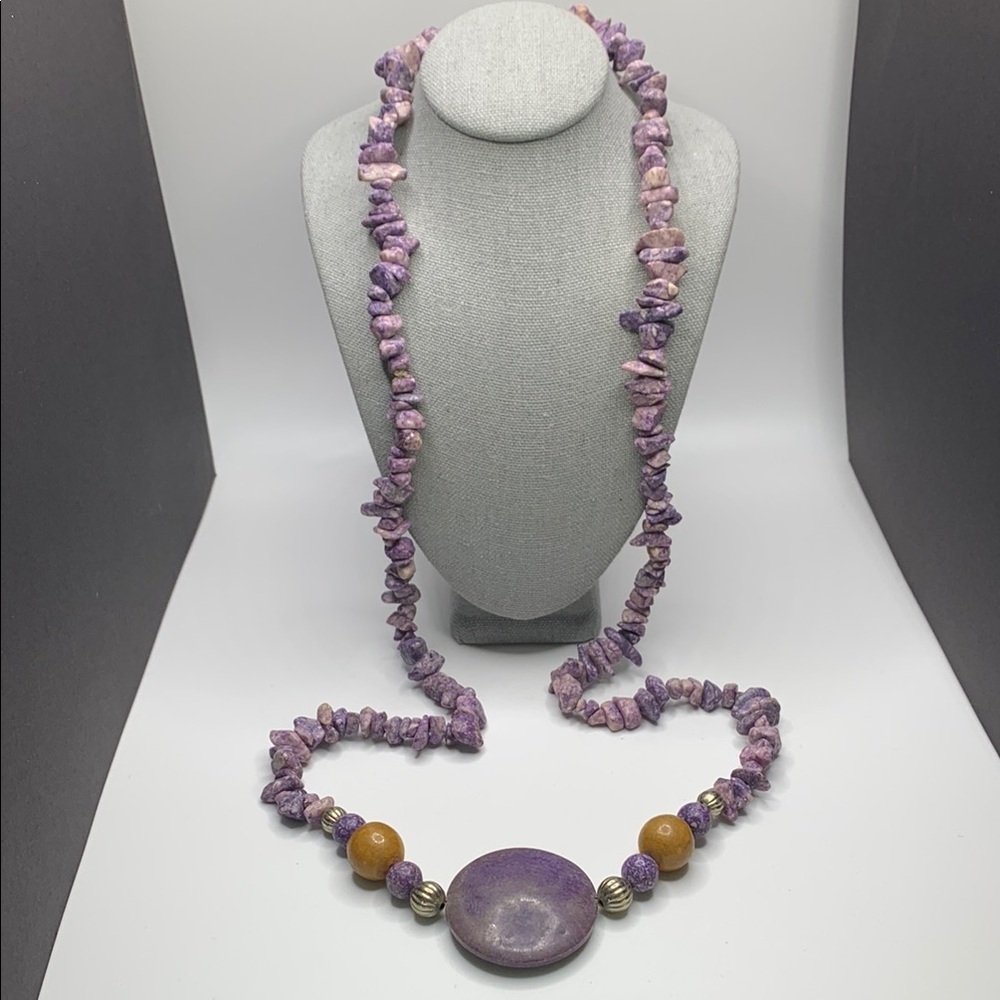 Purple Stone Chip Necklace Wood and‎ Silver Tone Accent Beads 32”